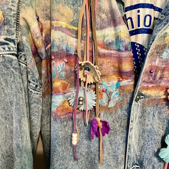 Vintage 80s Acid Wash Denim Painted Art Duster Artist Signed M Brumley - Picture 2 of 8